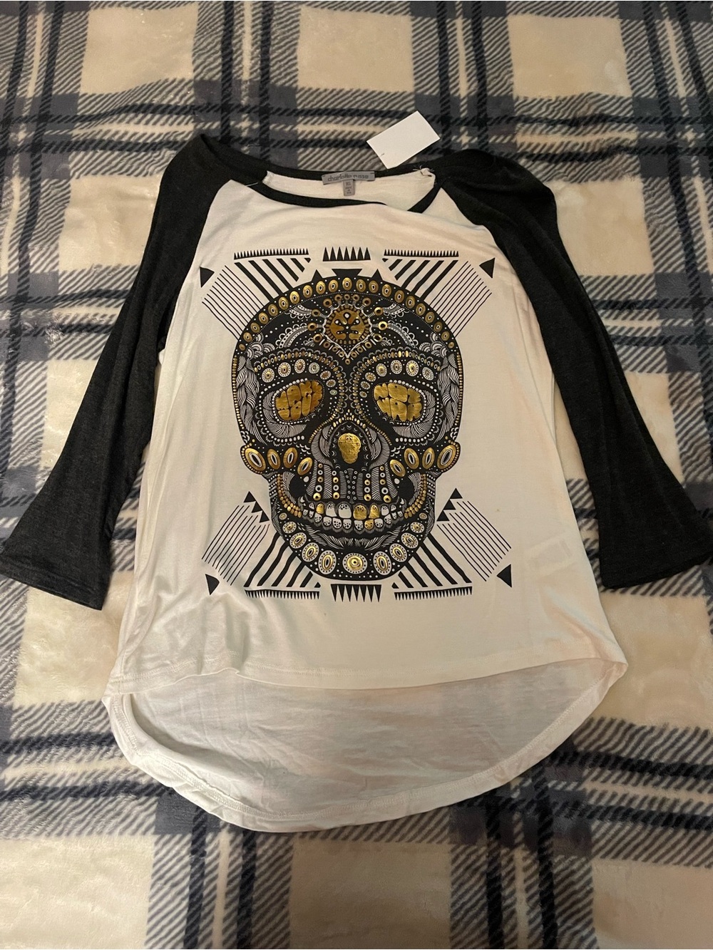 Charlotte Russe Black & White Raglan Top with Gold Skull Graphic